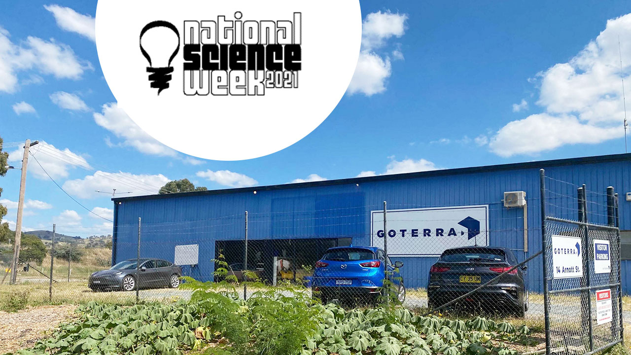 Photo of Goterra building in Hume with a blue sky and the National Science Week logo